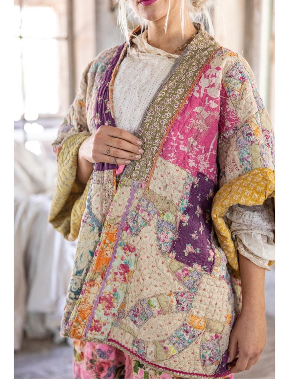 Magnolia Pearl Patchwork Quilted Cape Jacket in Pink, Purple, Yellow, Cream.
